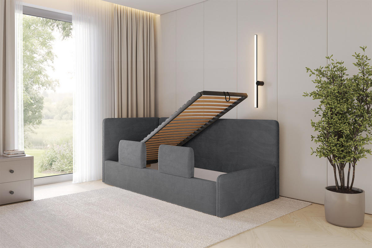 EINZELLBETT Jugendbett mit Bettkasten, Rechts - NORY 100x200 Dunkelgrau - Schieferfarben, Holzwerkstoff/Textil (100/200cm) - ALTDECOR