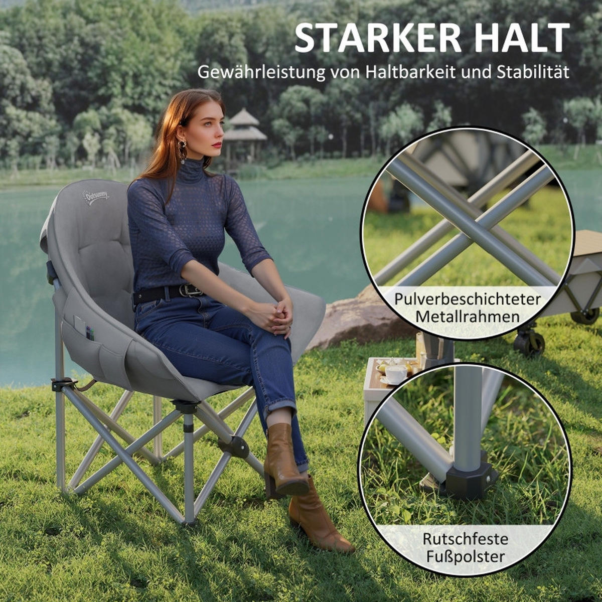 CAMPINGSTUHL klappbar gepolstert Seitentasche - Dunkelgrau, Leder (90/100/63cm) - LEBENLANG