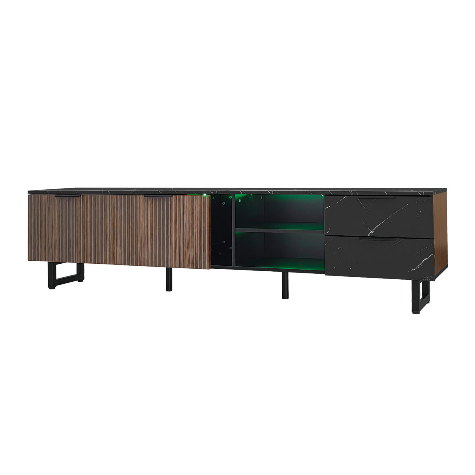 TV Lowboard LED 200x38x50 cm, Marmoroptik, 2 Türen, 2 Schubladen - Schwarz, Holz (200/50/38cm)