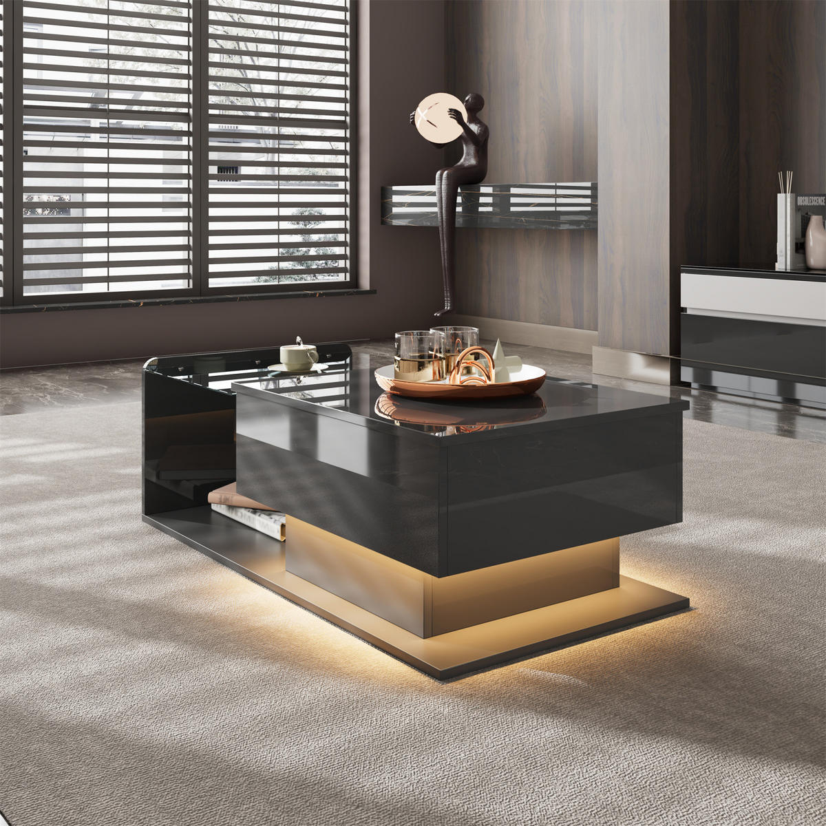 COUCHTISCH Schwarz Hochglanz mit LED, Glasplatte und Schublade - Schwarz, Metall (100/50/47cm)