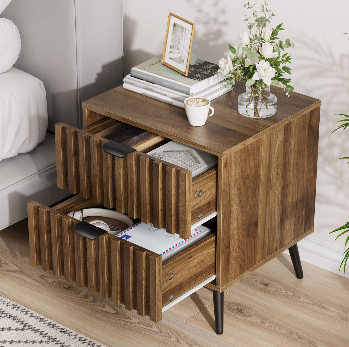 NACHTTISCH 45/40/53 cm walnussfarben aus MDF mit 2 Schubladen - Braun, Holzwerkstoff (40/53/45cm) - OKWISH