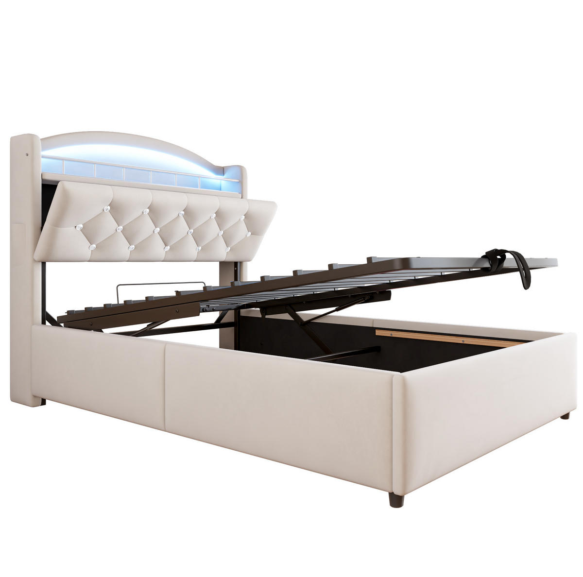 KINDERBETT 90/200 cm mit LED-Beleuchtung, USB-C, Bettkasten und Samtbezug, Beige - Beige, Textil (90/200cm) - Redom