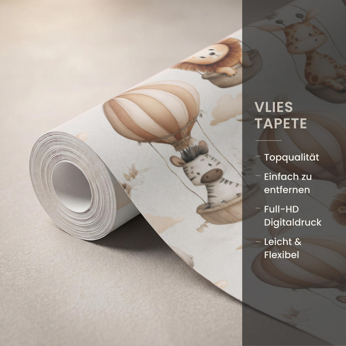 KINDERTAPETE - Safari - Heißluftballons - Taupe - 100x260 cm - Beige, Papier (100/260cm) - OnlyWow