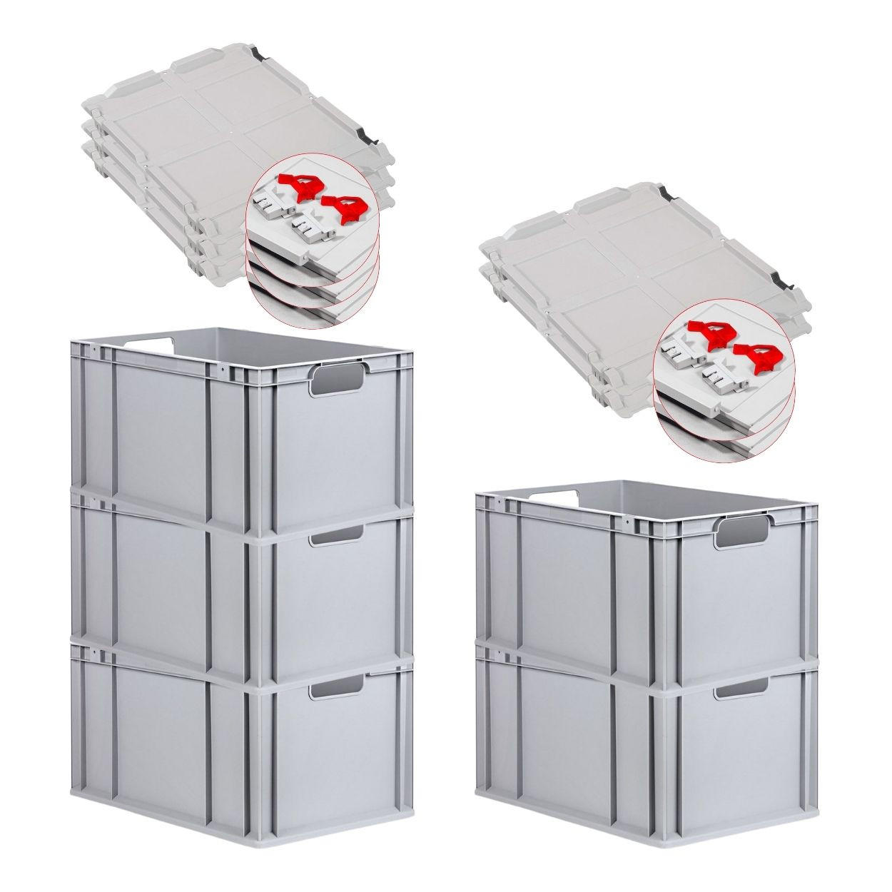 EUROBOX 5x Nextgen Economy Mit Scharnierdeckel Grau/Rot Griffe Offen 65 Liter - Rot, Kunststoff (40/32/60cm) - PROREGAL