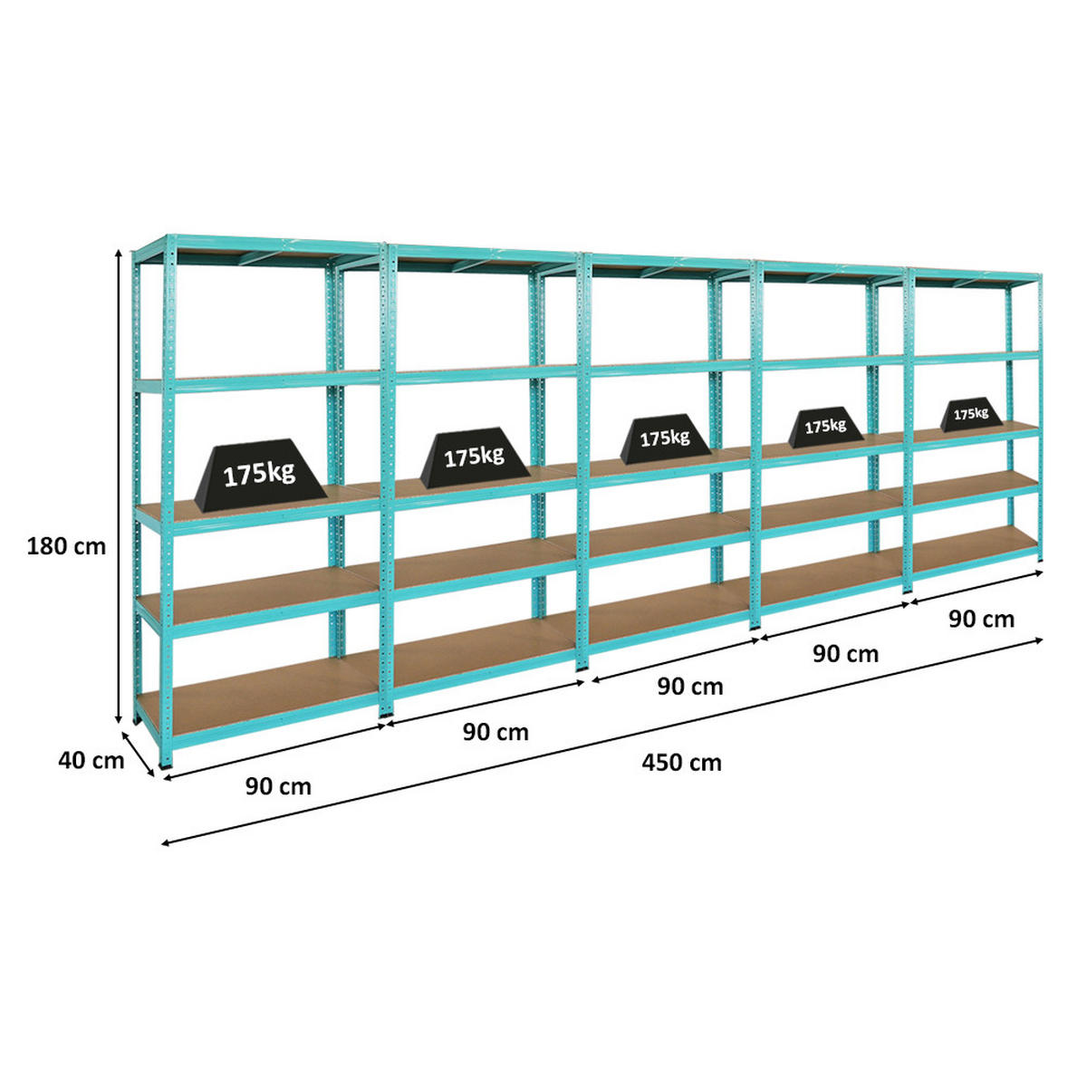 WOHNREGAL 5er GREEN HULK Set, HxBxT 180x90x40cm, Fachlast 175kg, 5 Ebenen, Grün - Grün, Metall (450/180/40cm) - BERLINLODGE
