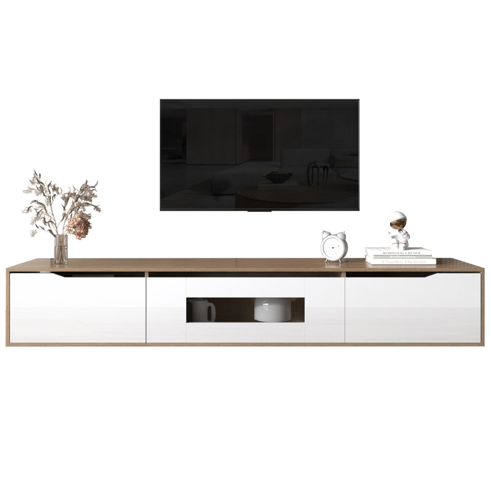 TV Lowboard LED, 3 Türen, hängend, Weiß - Weiß, Holz (180/30/35cm)