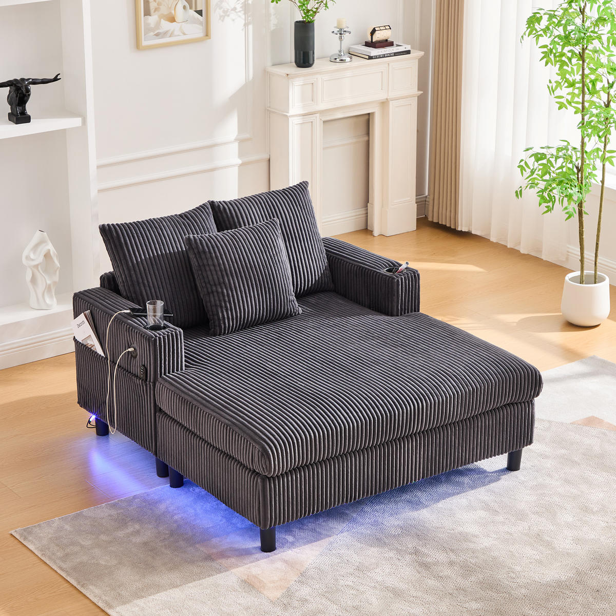 CHAISELONGUE 2-Sitzer Cord Dunkelgrau mit LED, USB und Getränkehalter - Dunkelgrau, Holzwerkstoff/Kunststoff (128/85/142cm) - WISHDOR