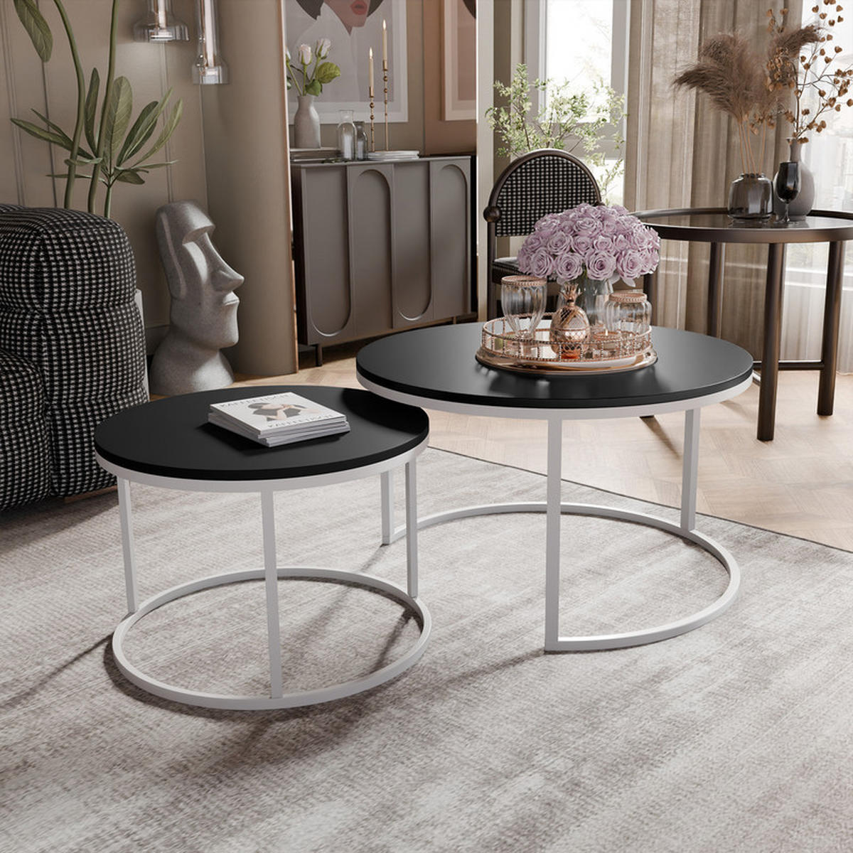 COUCHTISCH rund Groß, Mattschwarz, Rahmen Weiß - Schwarz/Weiß, Metall (70/70/48cm) - Idohome