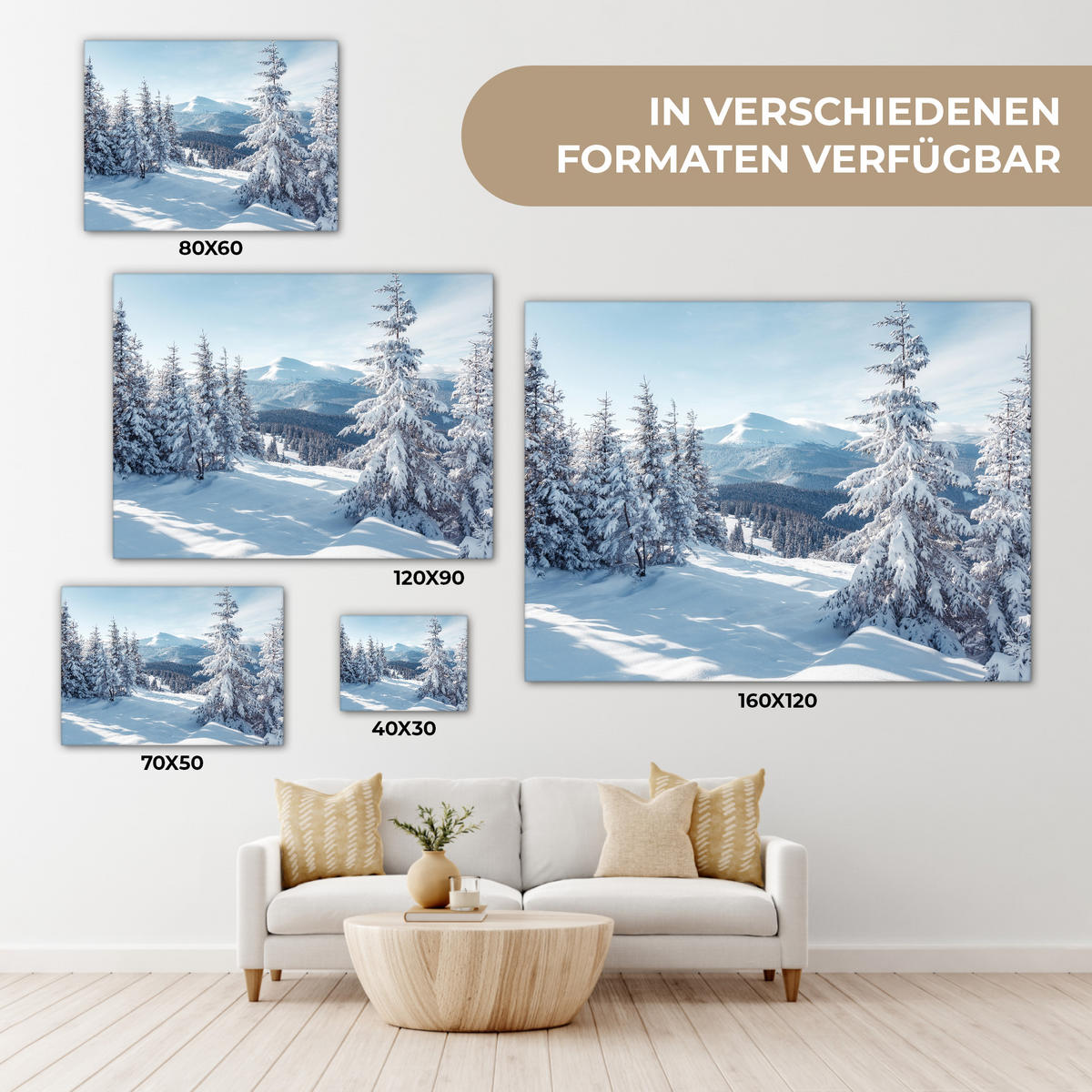 LEINWANDBILD Winterlandschaft - Natur - Berge - Bäume - Schnee Wandbilder 80x60 cm - Hellblau, Textil (80/60cm) - MuchoWow