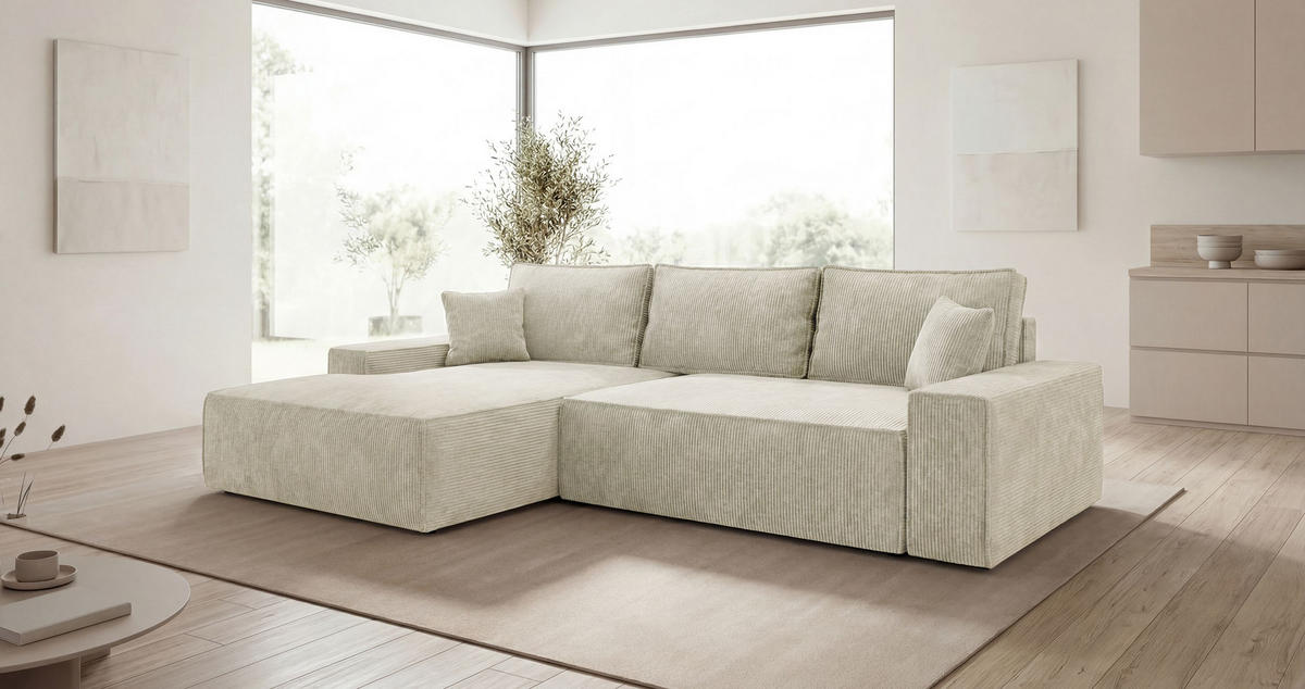 ECKSOFA VERONA links weiß Cord Poso 100 - Schlaffunktion, Bettkasten - Weiß, Textil (280/185cm) - Cornero