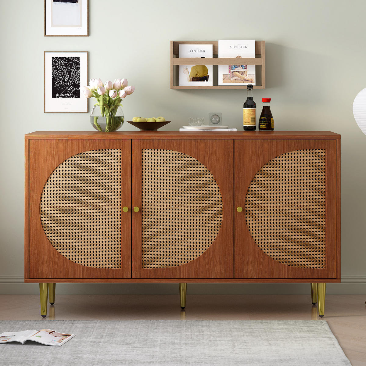 SIDEBOARD mit 3 Rattan-Türen und verstellbaren Einlegeböden, 129,8/40/76 cm, Walnussoptik - Walnussfarben, Holzwerkstoff (129.8/76/40cm) - Redom