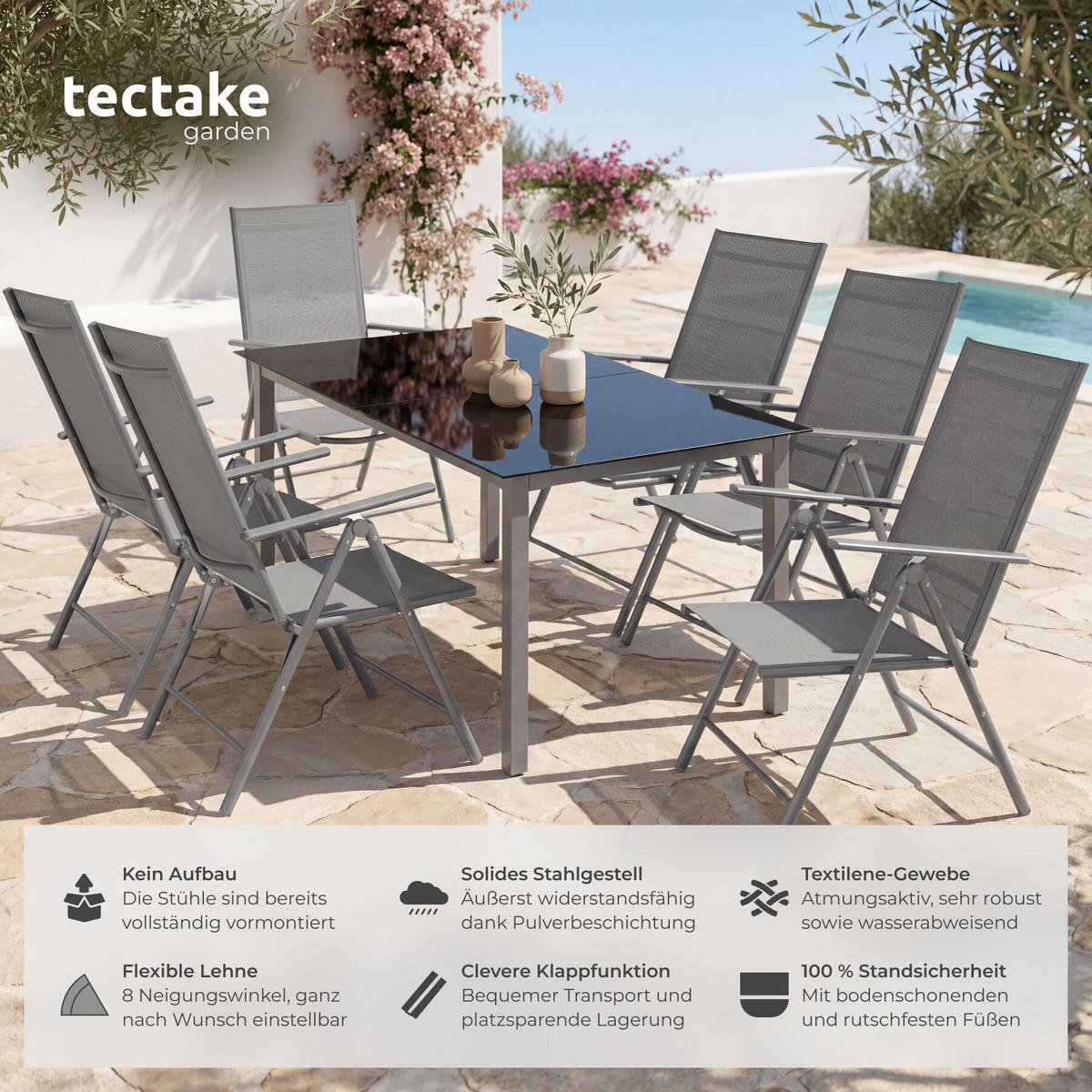GARTENSTUHL 4er Set Marcellino, 54,5 x 65 x 107,5 cm, anthrazit - Anthrazit/Grau, Metall (54.5/107.5/65cm) - tectake