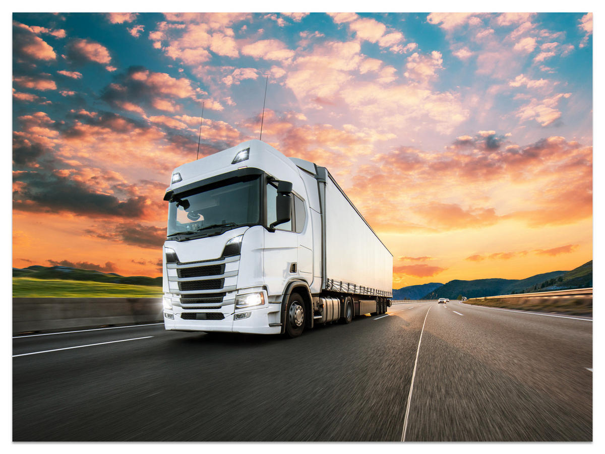 FOTOTAPETE Ein Lastwagen Autobahn Sonnenuntergang Berge 200x140 - Rosa/Orange, Papier (200/140cm) - Muralo