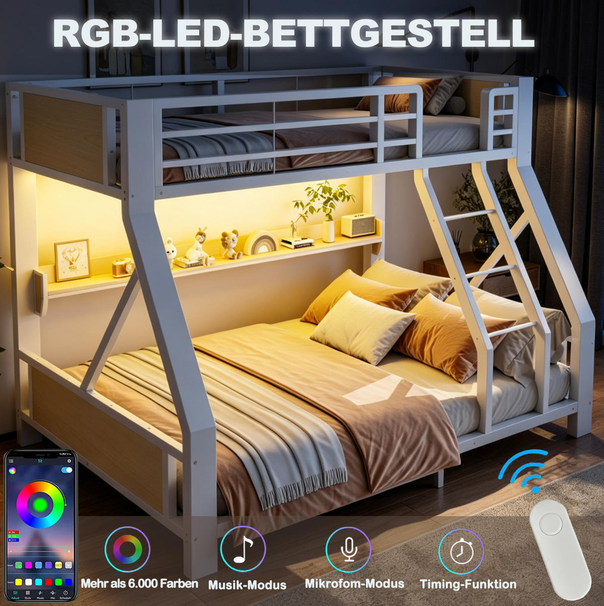ETAGENBETT aus Metall und Holz 90x200/140x200 cm Weiß mit LED-Beleuchtung und Ablagefach - Weiß, Metall (90/200cm) - Modfu