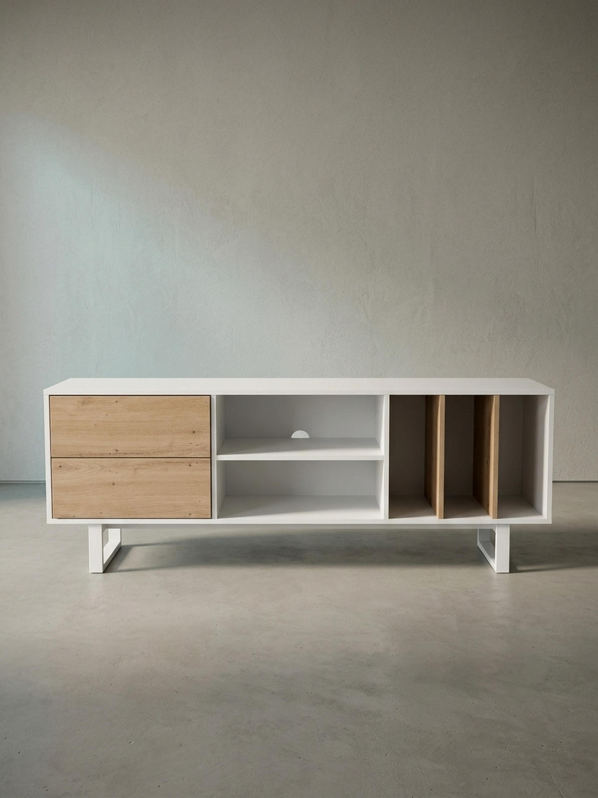 TV-LOWBOARD mit Eiche-Dekor, Schubladen und offenes Regal, modern, Weiß 150x40x55 cm - Weiß, Holzwerkstoff/Metall (150/55/40cm) - KADIMA DESIGN