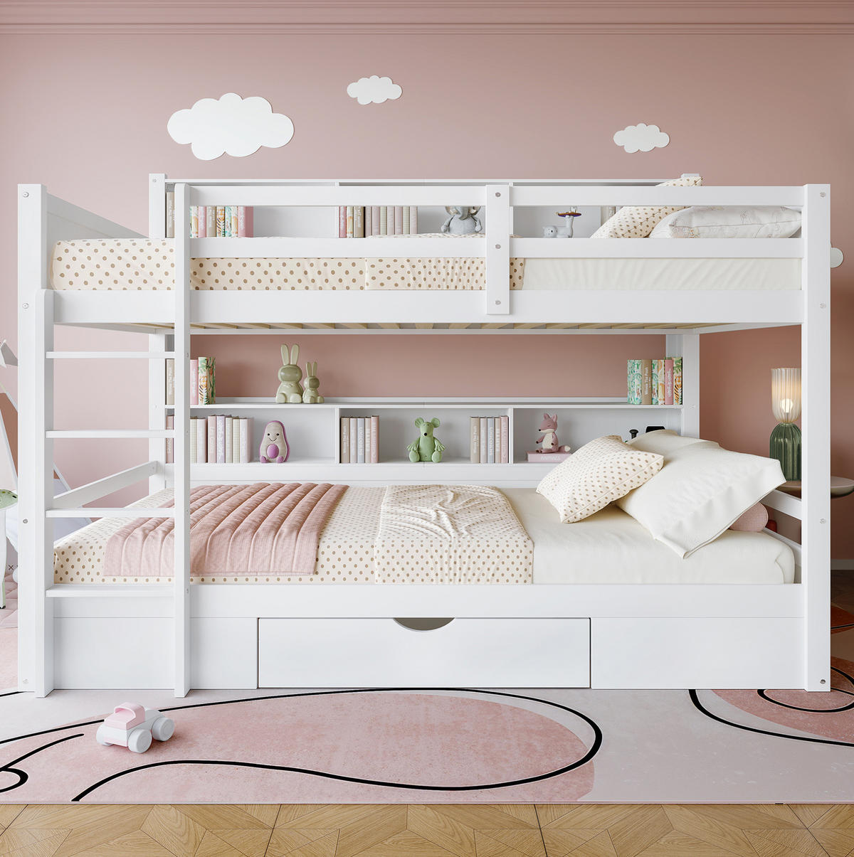 ETAGENBETT 90/200 cm mit Schublade und Ablagefächern, Weiß - Weiß, Holzwerkstoff (90/200cm) - Redom