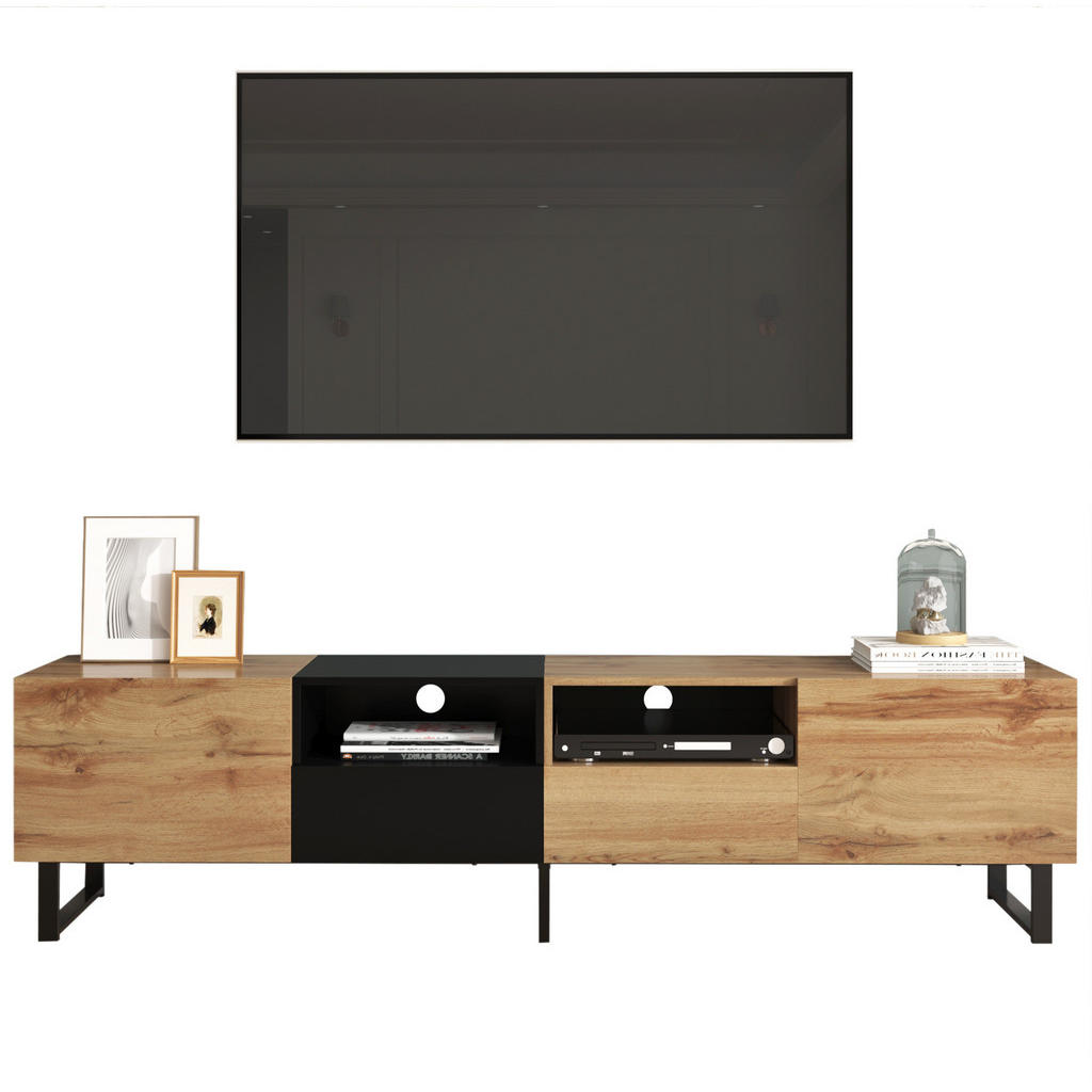 OKWISH TV stolek 190/38/48 cm černá a přírodní z MDF s 2 dvířky a 2 zásuvkami