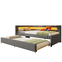 POLSTERBETT 90/200 cm Grau mit LED-Beleuchtung und USB- und Type-C-Anschlüssen aus Leinen - Grau, Textil (90/200cm) - OKWISH