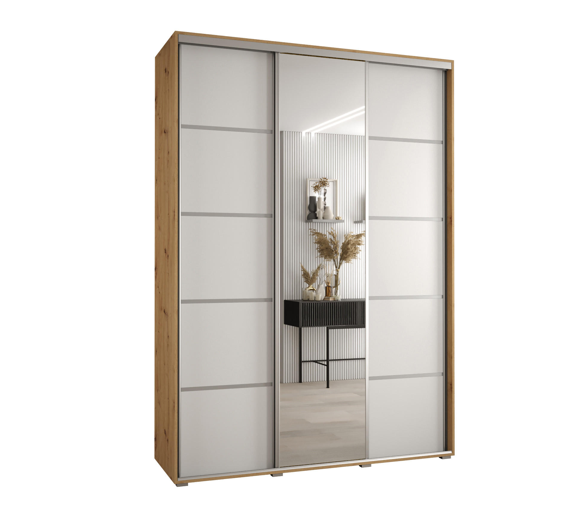 Abiks Möbel Schwebetürenschrank Eiche Artisan, Weiß, Silber 180x235x45 cm