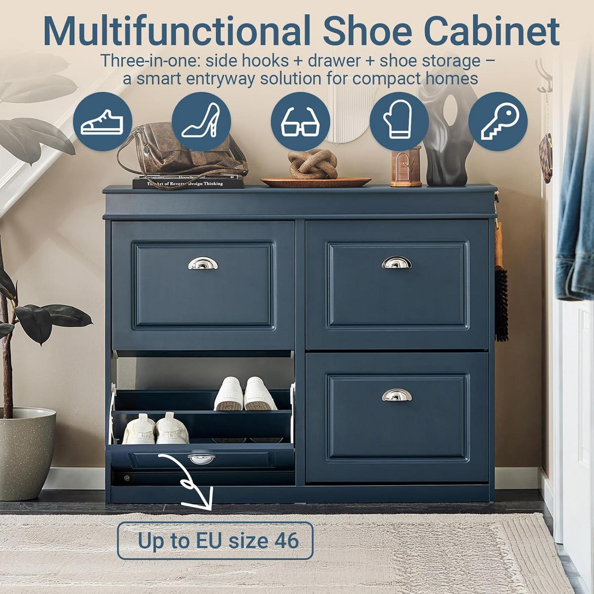 SCHUHKIPPER mit 4 Klappen, mit 8 Ablagen,105x82x24cm Blau - Blau, Holzwerkstoff (82/105/24cm) - Kaket