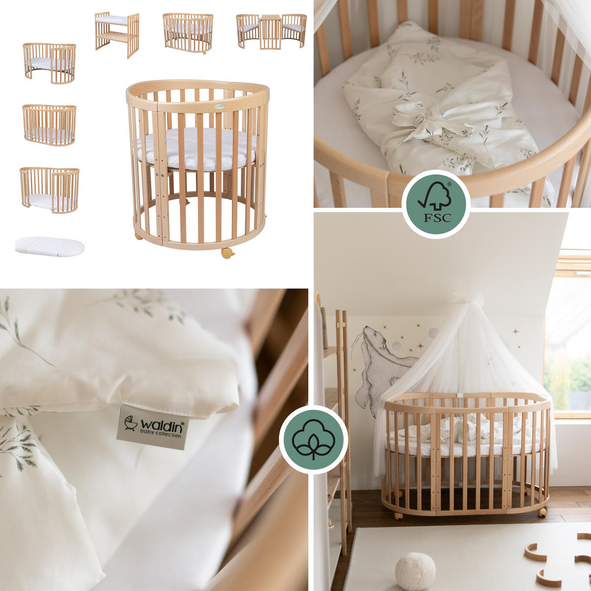 BABYBETT NATUR OVAL 7in1 mit Matratze und Himmelset - Naturfarben/Weiß, Holz/Textil