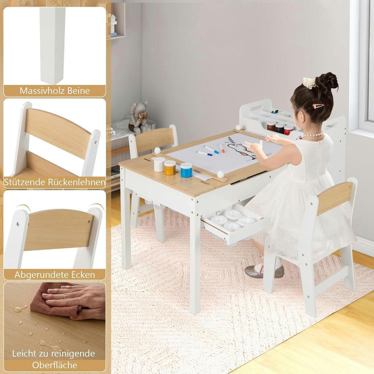 KINDERTISCH mit 2 Stühlen 3-teiliges Set Natur - Weiß, Holz (60/60/120cm)