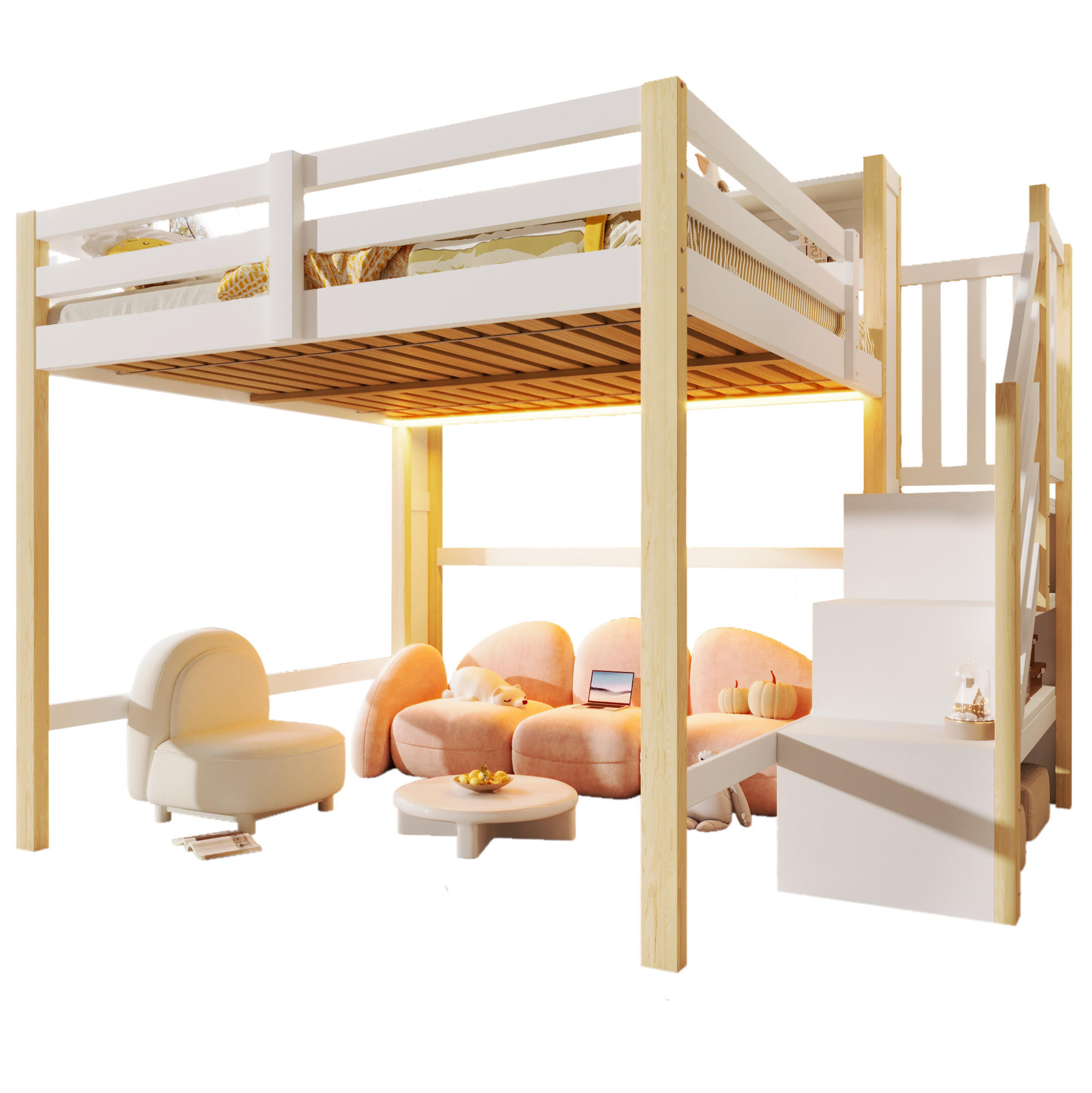 HOCHBETT 140/200 cm aus Kiefernholz mit LED-Leuchten, Weiß/Natur - Naturfarben, Holz (140/200cm) - OKMYHOME
