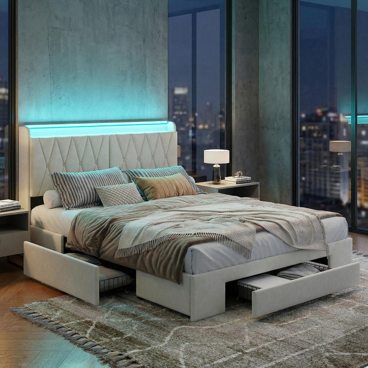 POLSTERBETT 140/200 cm beige mit Schubladen, LED und USB - Beige, Holz