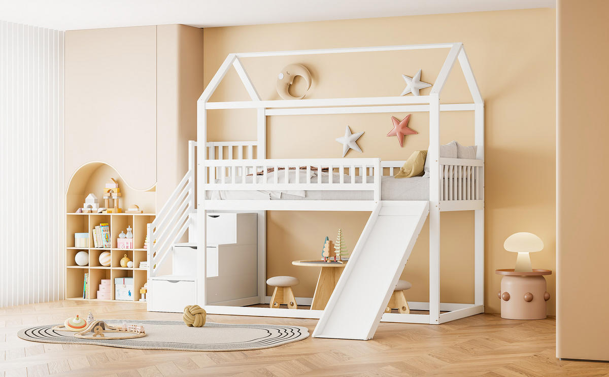 ETAGENBETT 90x200 cm Rutsche Treppe weiß - Weiß, Holz (90/200cm) - LEBENLANG