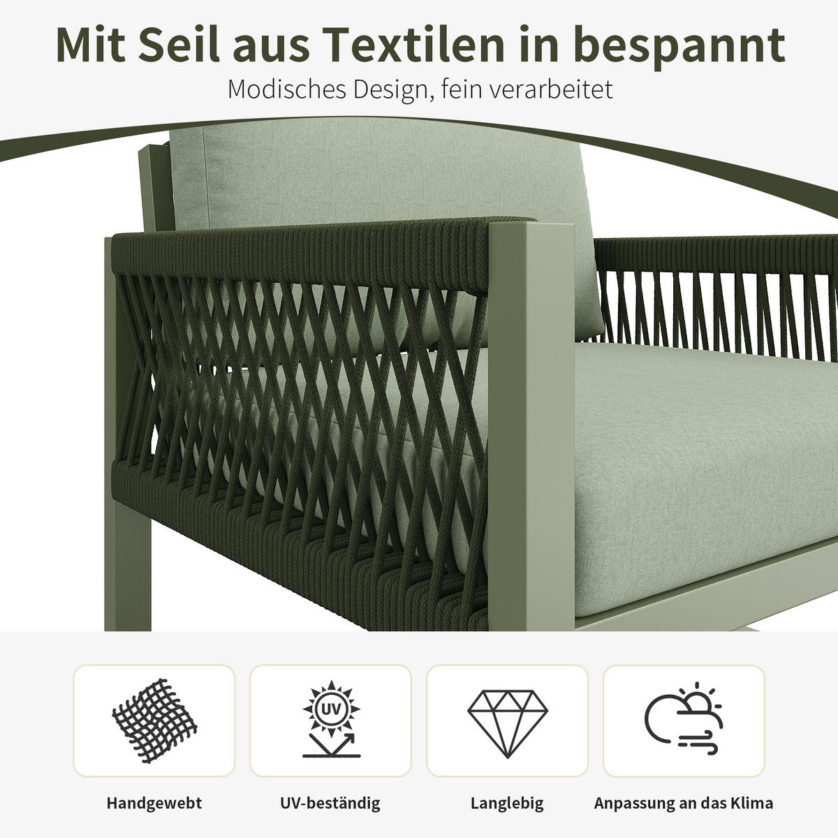 LOUNGESET 4er Seil Grün Mit Verstellbaren Füßen & Glastisch - Grün, Metall - FLIEKS