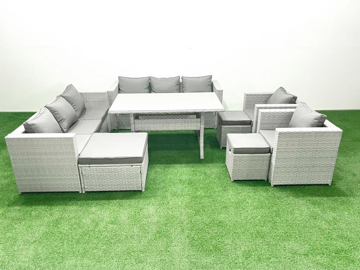 GARTENMÖBEL SET mit 3-Sitzer-Sofa und 2 Stühle, Esstisch,3 Hockern Polyrattan Hellgrau 11-Sitzer - Hellgrau/Grau, Glas/Kunststoff - Fimous