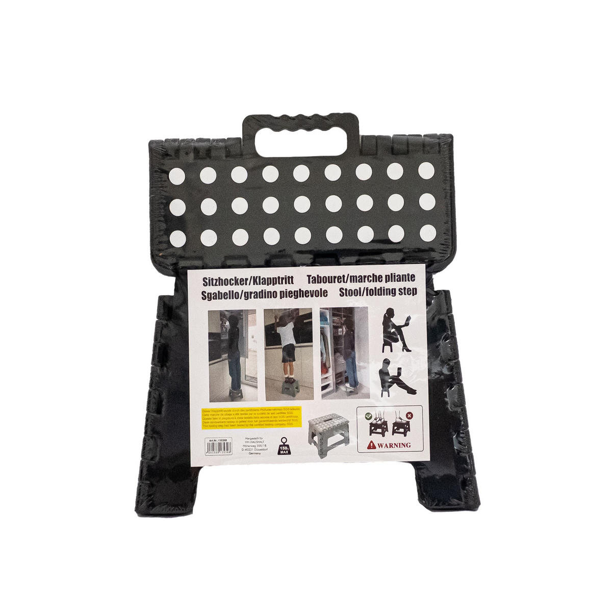 KLAPPHOCKER faltbar mit Anti-Rutsch Beschichtung, Tritthocker H 22 cm bis 150 KG belastbar, Schwarz - Schwarz, Paraffin (22/29/22cm)