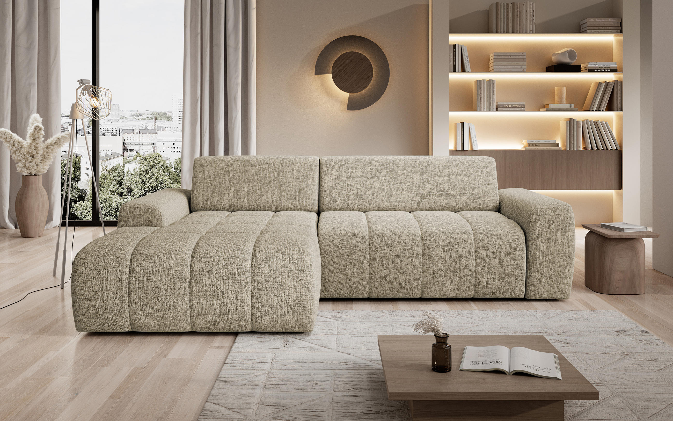 ECKSOFA Savio Freistehend, Mit Abriebfestem Kansas-Stoff, Maße 265x172x81cm, Ausziehbare Sitzfläche 206x92cm, Linke, Dunkelbeige - Currygelb, Holz/Textil (172/265cm) - DomoHome