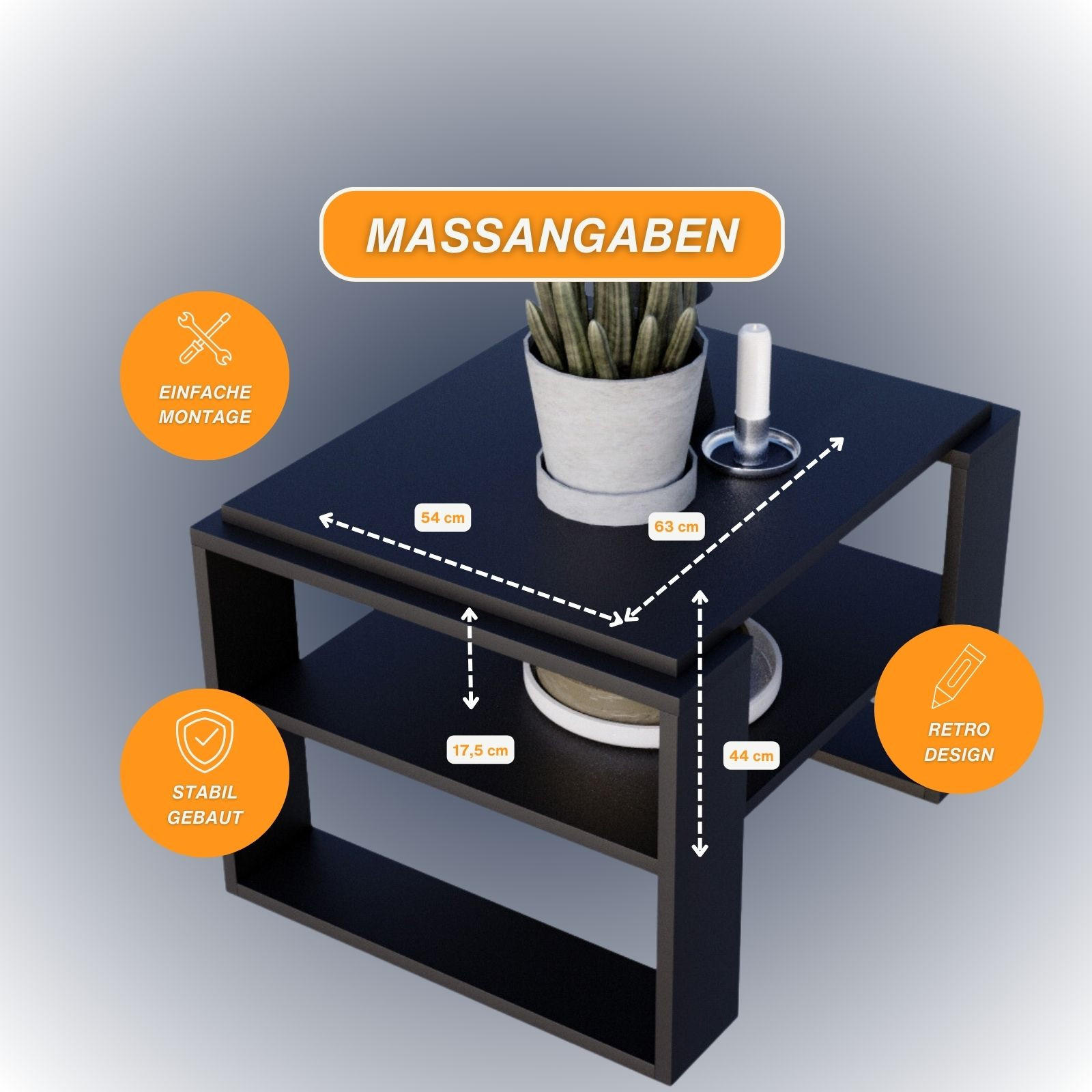 COUCHTISCH Holzwerkstoff rechteckig stabil Schwarz 44/54/63cm - Schwarz, Holzwerkstoff (54/63/44cm) - CraftPAK