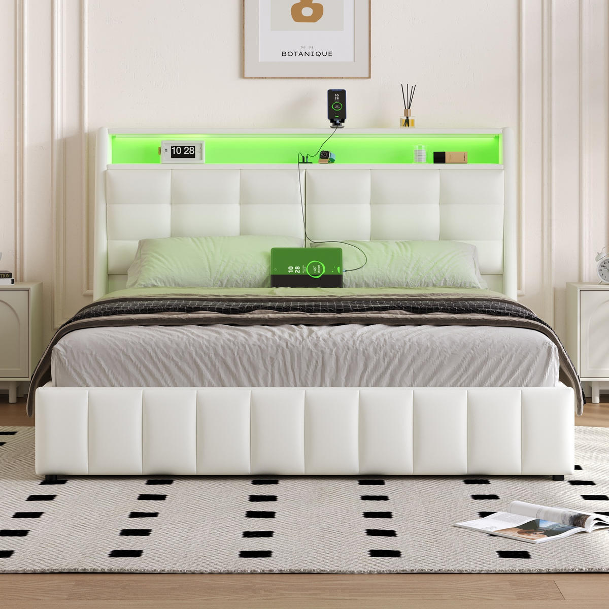 POLSTERBETT 160/200 cm Weiß mit LED-Beleuchtung USB-Anschlüssen und Stauraum - Weiß, Textil (160/200cm) - OKWISH