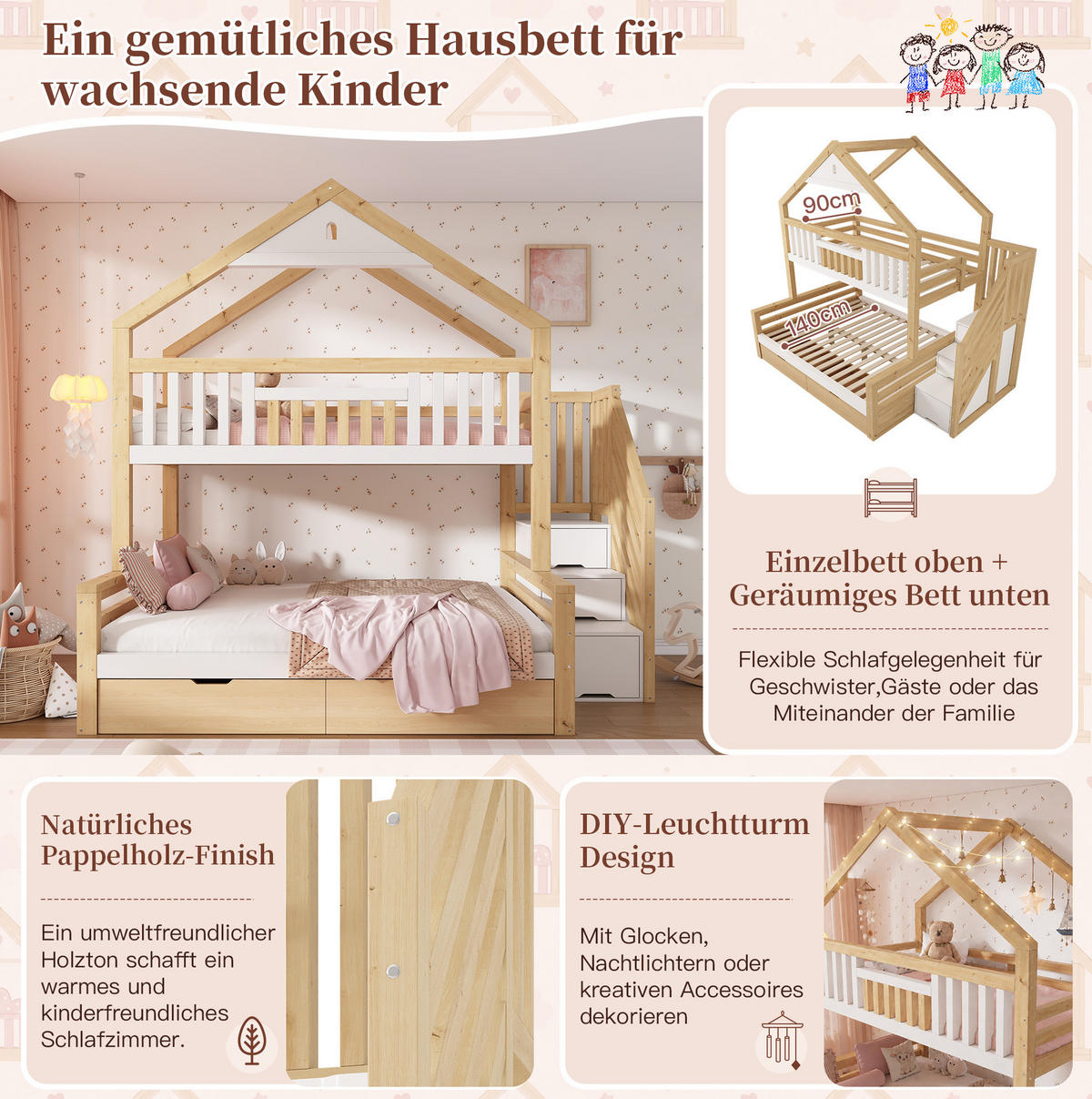 ETAGENBETT Holz 140x200 cm Weiß & Eiche mit Treppenschrank, 2 Schubladen und Giebeldach - Weiß, Holz (140/200cm) - Modfu