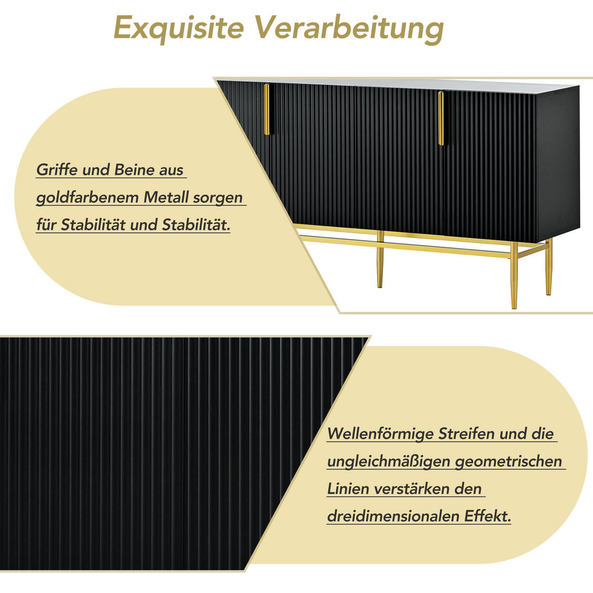 SIDEBOARD mit 4 Türen und Goldakzenten, 152.5/40.5/80cm - Schwarz, Holzwerkstoff (152.5/80/40.5cm) - Urban Meuble