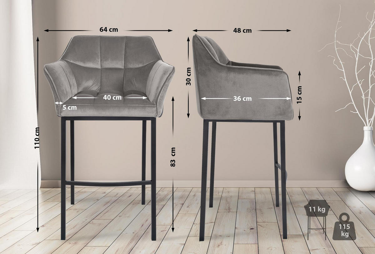 BARHOCKER Samt grau - Schwarz/Grau, Textil/Metall (64/110/48cm) - CLP