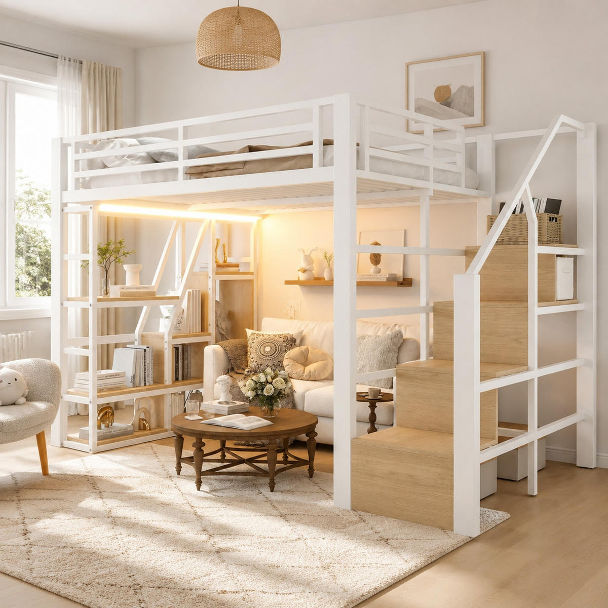 HOCHBETT 140/200 mit LED Stauraumtreppe und Schutzgeländer in Weiß - Weiß, Holzwerkstoff/Metall (140/200cm) - EVRYAE