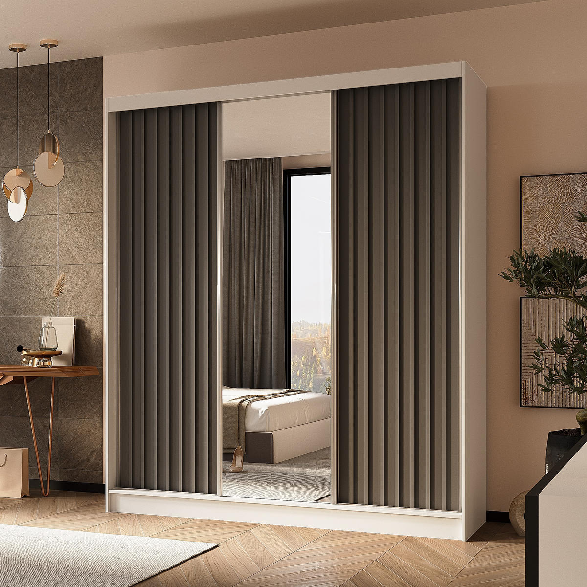 SCHWEBETÜRENSCHRANK LAMELLO 180/216/61 cm 3-türig mit Spiegel Weiß - Weiß/Grau, Holzwerkstoff (180/216/61cm) - MASSENO