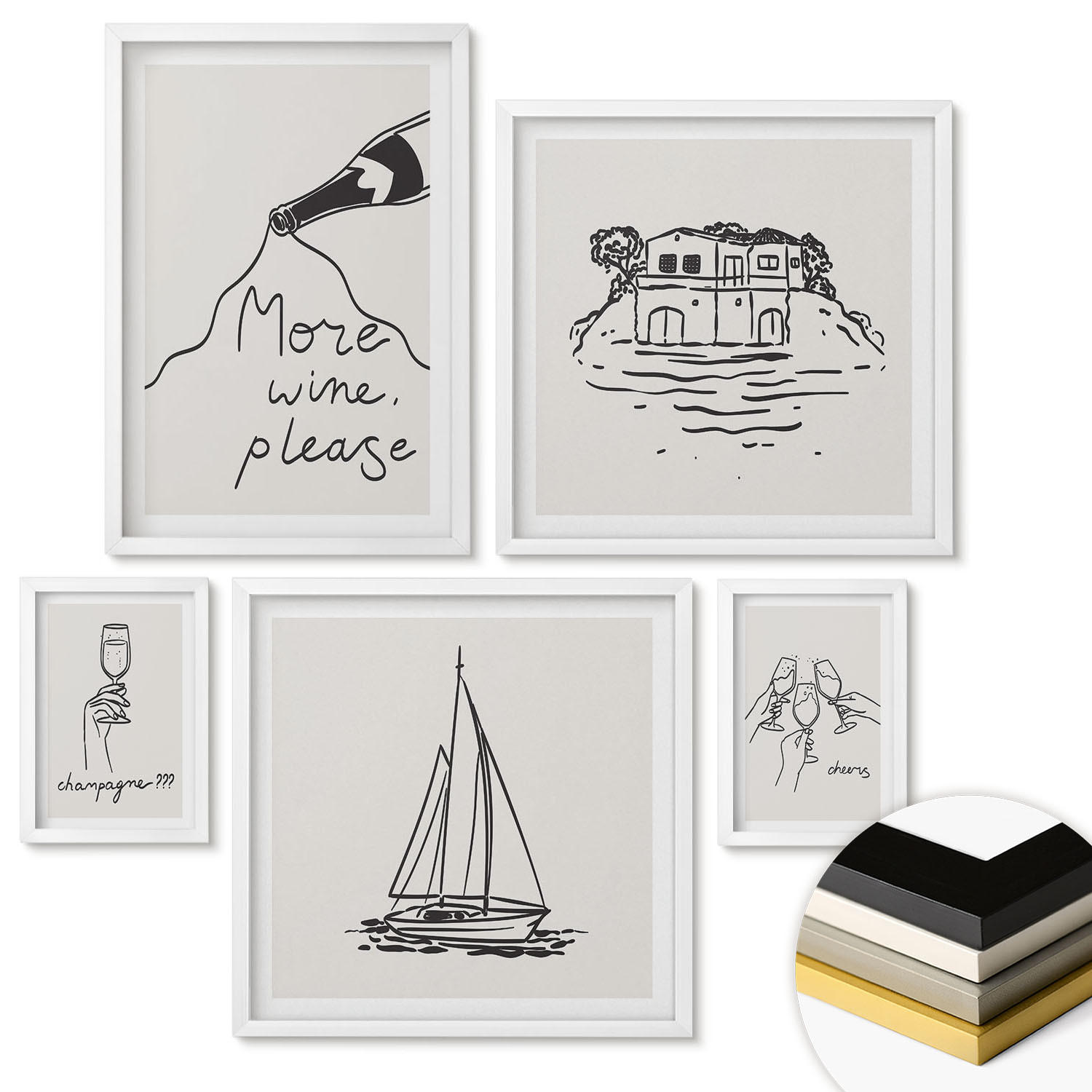 WANDBILDER 5er-Set - 50x50 cm & 20x30 cm & 40x60 cm Weißer Rahmen - Fröhliche Momente mit Champagner - Weiß, Kunststoff (40/60cm) - ArtPrintCave