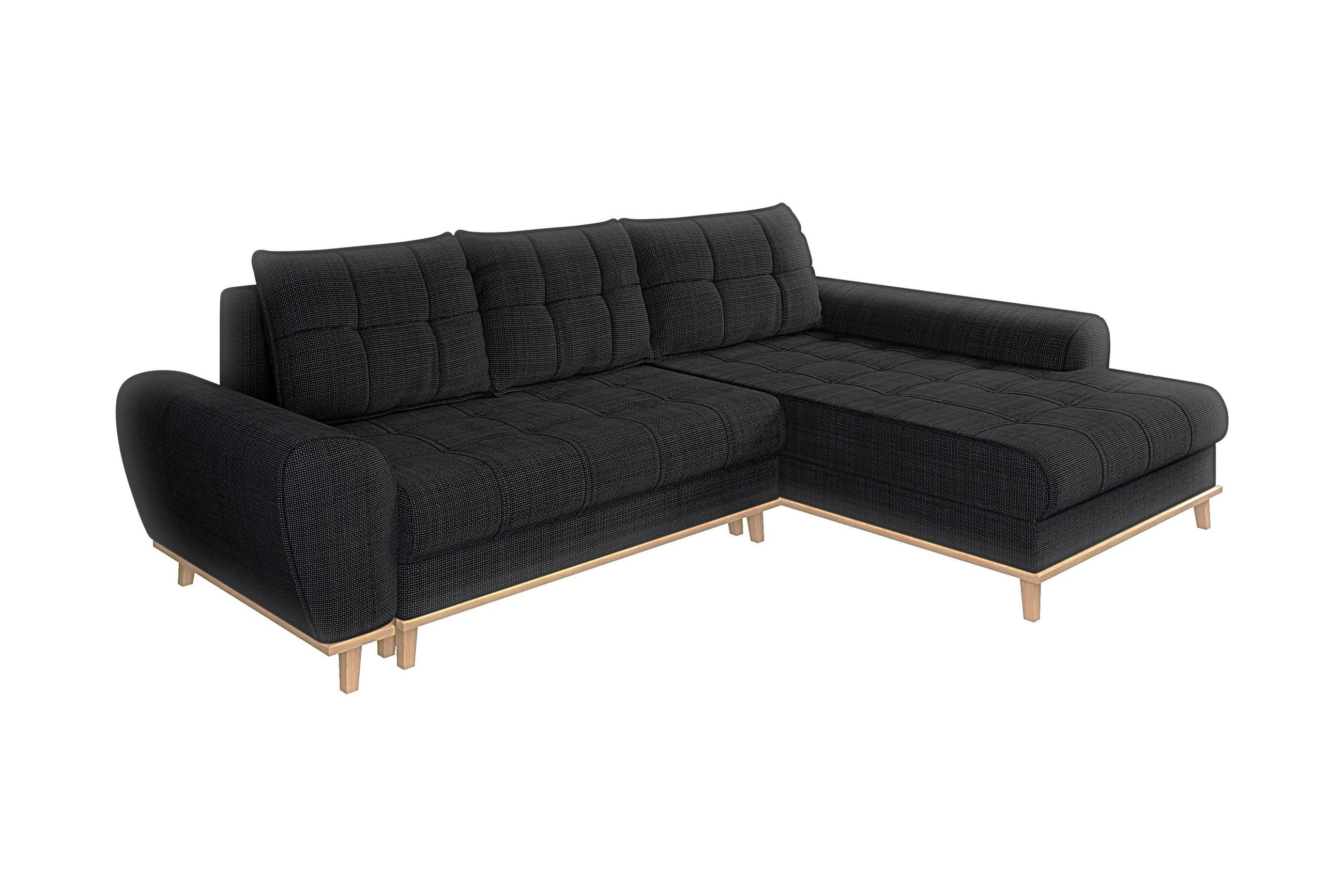 ECKSOFA im Scandi-Stil, Schlaffunktion, Bettkasten B268/T175/H86 cm, Ottomane rechts, Liegefl. 128x209 cm, Bouclé Chenille Stoff in Anthrazit / 21011 - Eichefarben/Anthrazit, Holz/Textil (268/175cm) - luma-home
