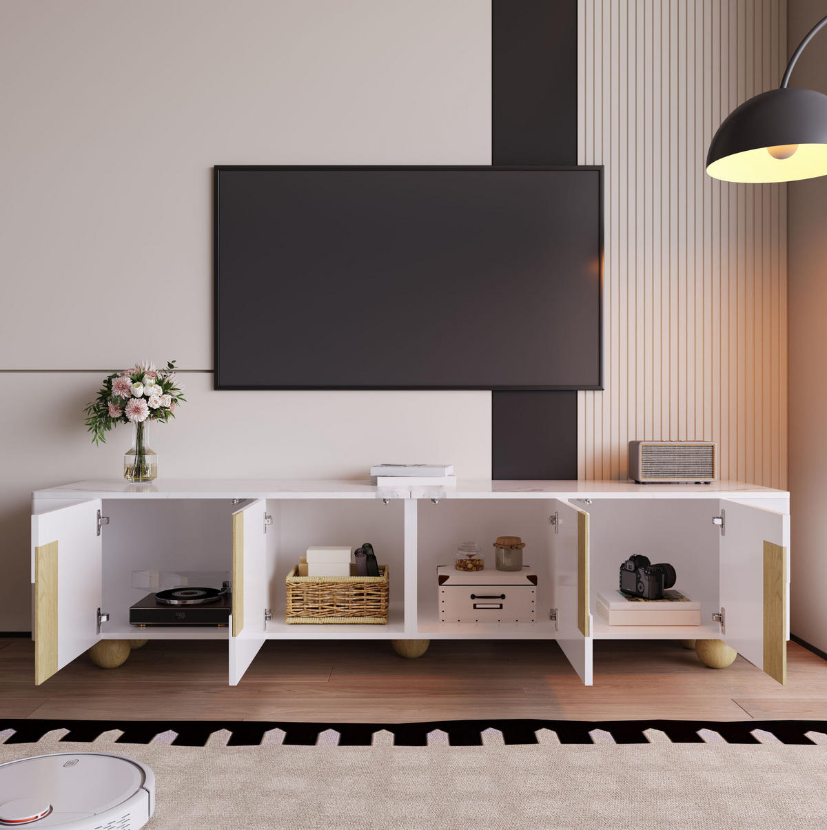 TV ormarić 180/40/44 cm bijeli i boja drva od MDF-a i iverice s 4 vrata i mramornim efektom - bijela, drvni materijal (180/44/40cm) - OKWISH
