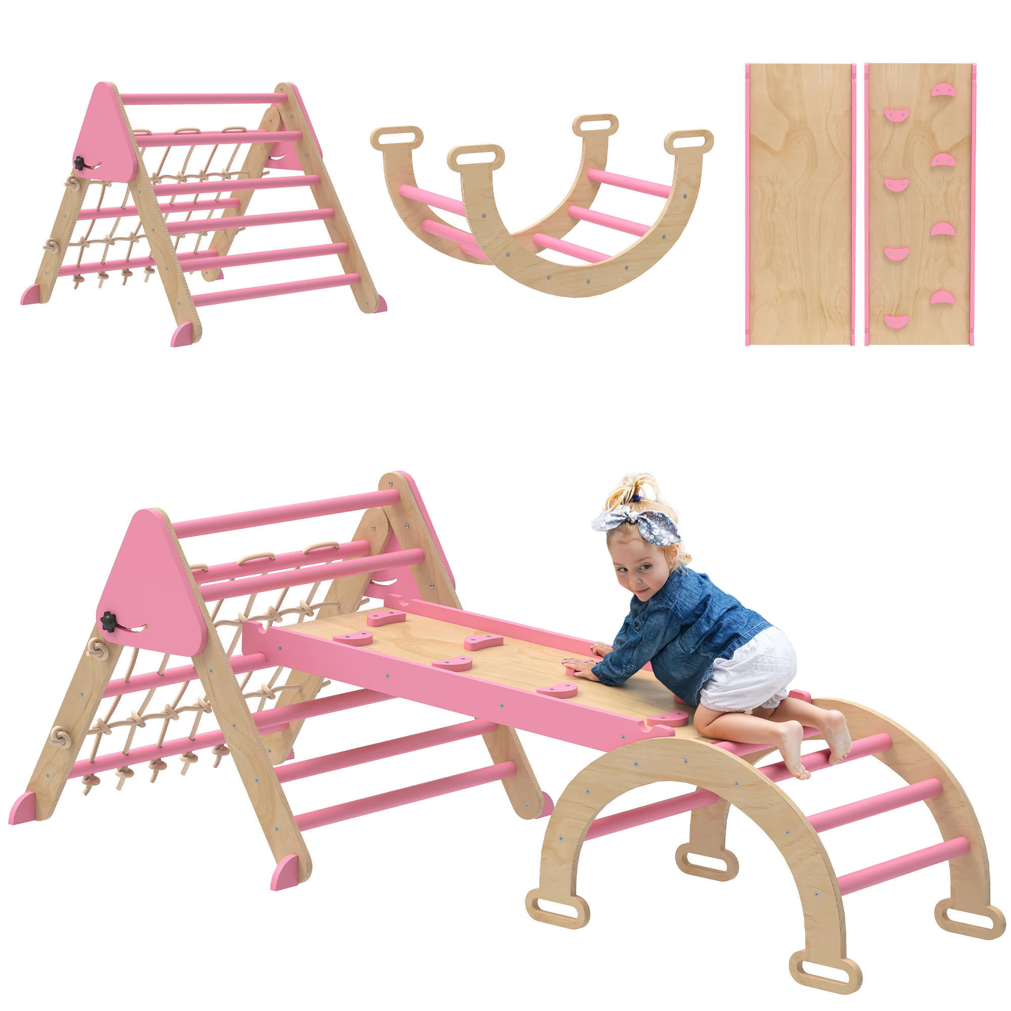 KLETTERDREIECK DE-18395 8-in-1 mit Rampe, Bogen & Leiter Pink - Pink, Holzwerkstoff (74.5/191.5cm) - ComfortXL
