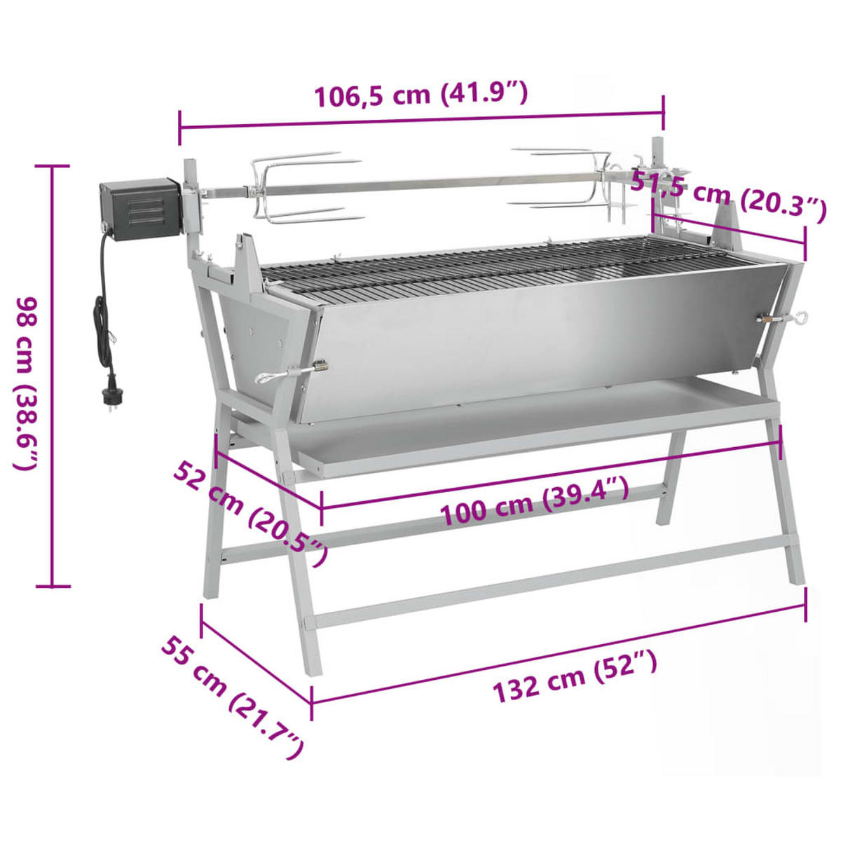 BBQ GRILL mit Drehspieß, 132/55/98 cm, aus Eisen und Edelstahl - Silberfarben, Metall (55/98/132cm) - vidaXL