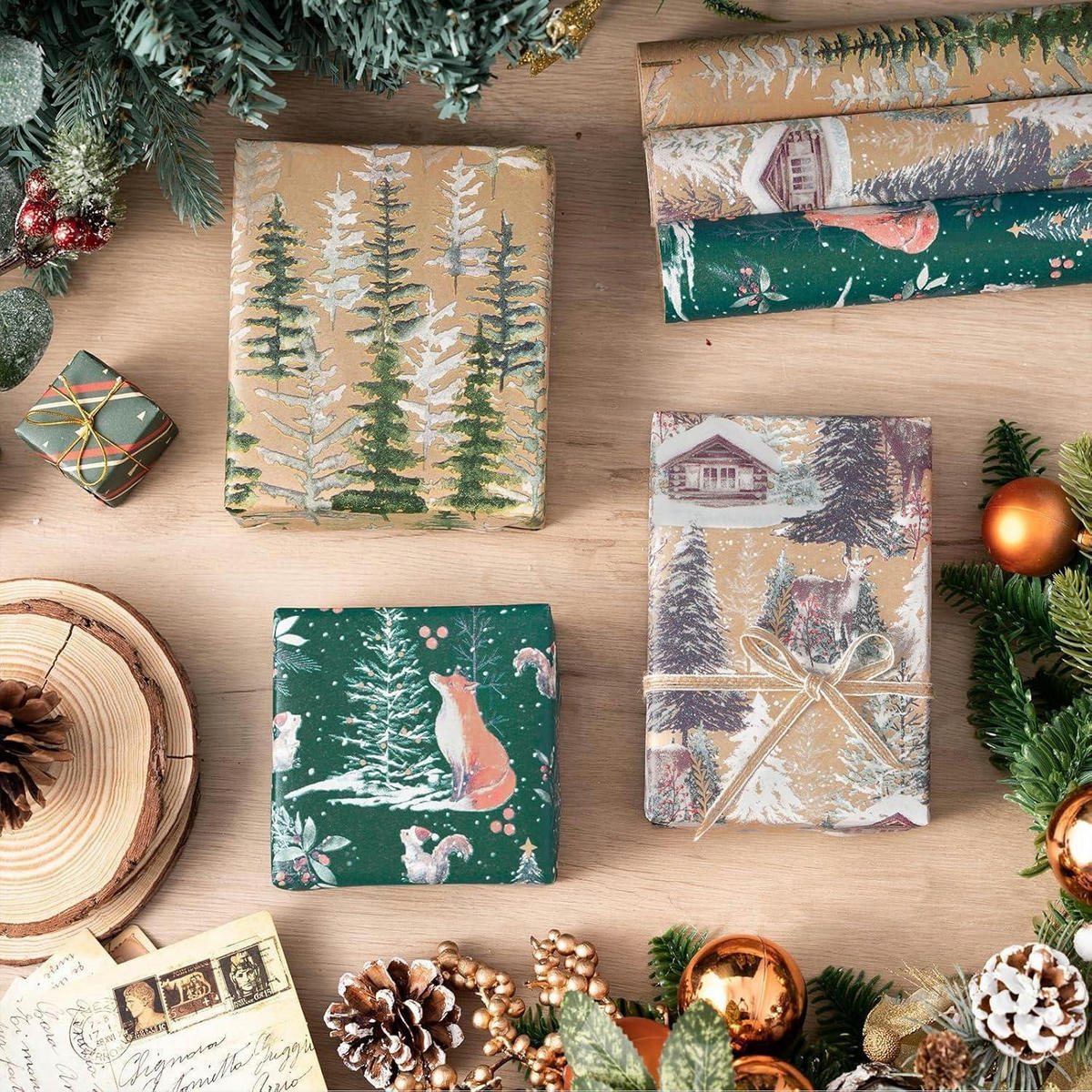 GESCHENKPAPIER 3er Set Kraftpapier Weihnachten Fuchs Rentier Baum 43,2 cm x 3 m - Multicolor, Papier (4/44/10cm)