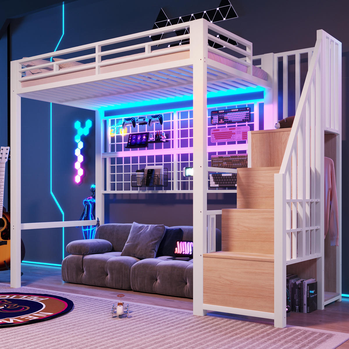 HOCHBETT 90/200 cm mit Stauraumleiter, Kleiderschrank, Hängegitter und 7-Farben-LED, Metall, Weiß - Weiß, Metall (90/200cm) - Redom