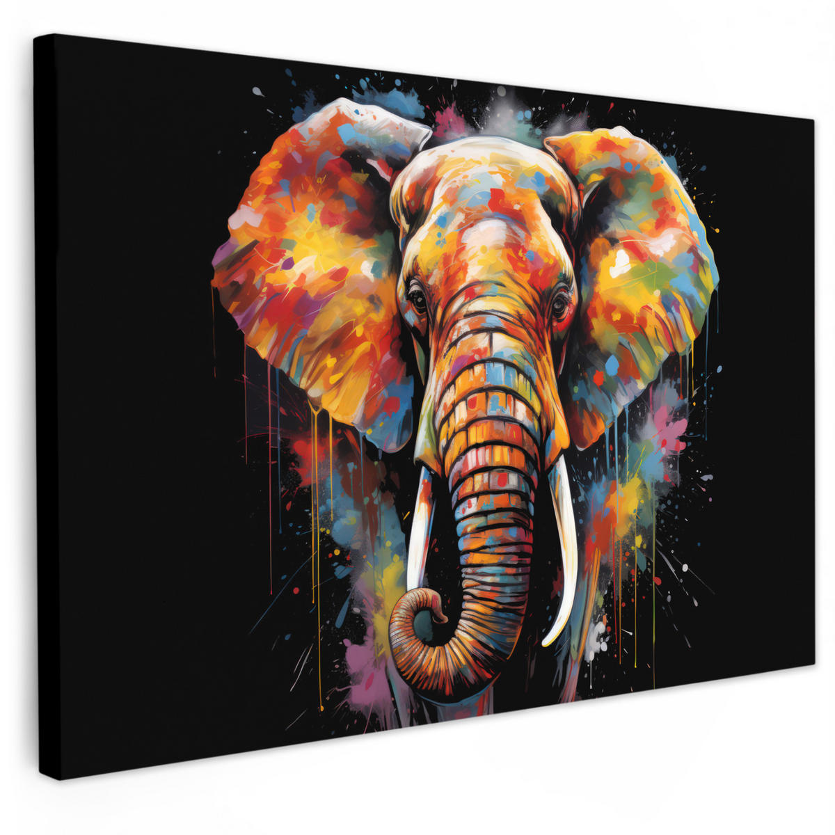 LEINWANDBILD Elefant - Graffiti - Schwarz - Tiere - Farben Wanddeko 90x60 cm - Schwarz, Textil (90/60cm) - MuchoWow