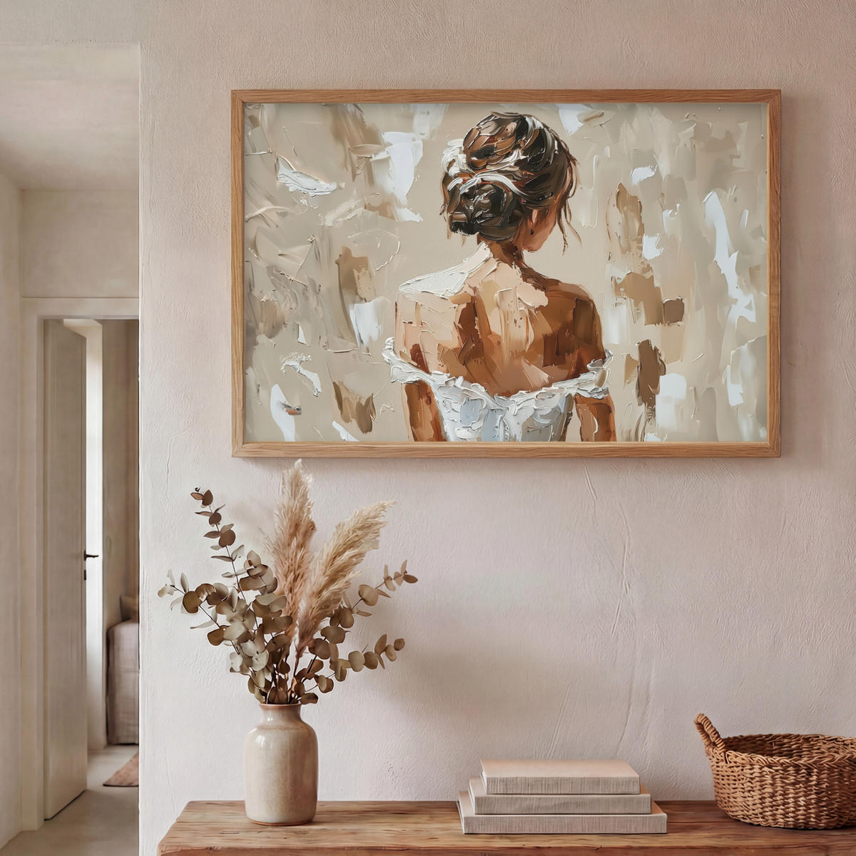 NÁSTĚNNÁ LAMPA S AKUMULÁTOREM Žena - malba - abstraktní - béžová - moderní 100x70 cm - světle hnědá, kompozitní dřevo (100/70/8cm) - OnlyWow