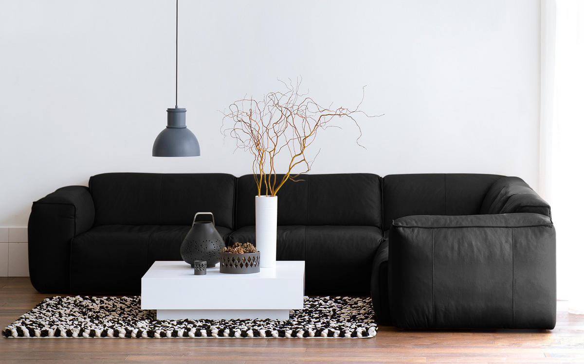ECKSOFA mit Rundecke - Schwarz, Leder/Kunststoff (325/260cm) - home24